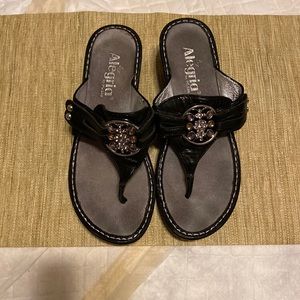 Alegria Black Patten Leather, Wedge Thong Sandals